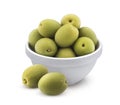 Green olives in bowl isolated on white background with clipping path Royalty Free Stock Photo