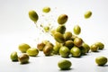 Green Olives Flying On White Background, Floating In The Air. Generative AI