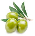 Green olives with leaves on white background. Close-up Royalty Free Stock Photo