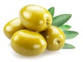 Green olives with olive leaves isolated on white background Royalty Free Stock Photo