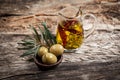 Green olives and olive oil with spice Royalty Free Stock Photo