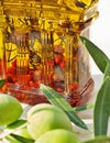 Green olives and olive oil with spice and herbal Royalty Free Stock Photo