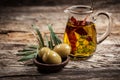 Green olives and olive oil with spice Royalty Free Stock Photo