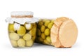 Green olives preserved in bank, bottle Royalty Free Stock Photo