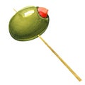 Green olives stuffed with pepper on toothpick