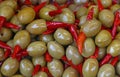 Green olives stuffed with red chili pepper Royalty Free Stock Photo