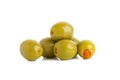 Green olives stuffed with red paprika isolated on white Royalty Free Stock Photo