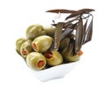 Green olives stuffed with red paprika isolated on white Royalty Free Stock Photo