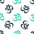 Green Om or Aum Indian sacred sound icon isolated seamless pattern on white background. The symbol of the divine triad Royalty Free Stock Photo
