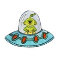 A green, one-eyed alien travels through space in a flying saucer Royalty Free Stock Photo