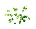 Green Onion Cuts Isolated, Scattered Fresh Chive Pile, Chopped Green Leek, Scallion Greens Pieces Chopped Royalty Free Stock Photo