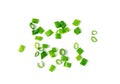 Green Onion Cuts Isolated, Scattered Fresh Chive Pile, Chopped Green Leek, Scallion Greens Pieces Chopped Royalty Free Stock Photo