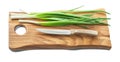 Green onions and kitchen knife on wooden chopping board with life eddge isolated on white Royalty Free Stock Photo