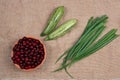 Green onions zucchini marrow and frozen cherries lie on rural table