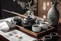 Green oolong tea in a teapot on the table. Hot tea in cups. Tea ceremony. Teapot and a cup of tea with green tea on the table.