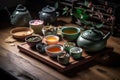Green oolong tea in a teapot on the table. Hot tea in cups. Tea ceremony. Teapot and a cup of tea with green tea on the table.