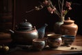 Green oolong tea in a teapot on the table. Hot tea in cups. Tea ceremony. Teapot and a cup of tea with green tea on the table.