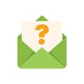 Green open envelope containing letter with question mark symbol