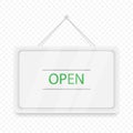 Green Open hanging door sign. White signboard with shadow isolated on transparent background. Realistic vector illustration. Royalty Free Stock Photo