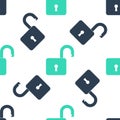 Green Open Padlock Icon Isolated Seamless Pattern On White Background. Opened Lock Sign. Cyber Security Concept. Digital