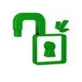 Green Open padlock icon isolated on transparent background. Opened lock sign. Cyber security concept. Digital data