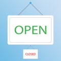 Green open and small Red Closed hanging door signs. White sign isolated on a blue background. Vector eps 10 illustration Royalty Free Stock Photo