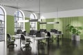 Green open space office corner with arched windows Royalty Free Stock Photo