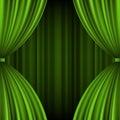 Green open theater curtain vector template. Velvet shade with tint revealing stage in red banner space. Royalty Free Stock Photo