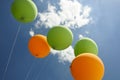 Green and orange balloons flying towards the sun