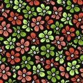 Green and orange doodle flower pattern. Seamless cute blossom background. Spring wallpaper. Royalty Free Stock Photo