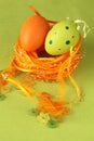 Green and orange Easter egg in a nest