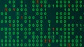 Green and orange glowing binary matrix on a grid, horizontal composition