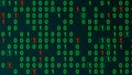 Green and orange glowing binary matrix on a grid, horizontal composition