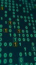 Green and orange glowing binary matrix on a grid, vertical composition