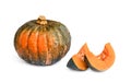 green and orange pumkin isolated over white, raw organic pumkin vegetable, symbol of halloween and thanksgiving