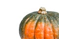 green and orange pumkin isolated over white, raw organic pumkin vegetable, symbol of halloween and thanksgiving