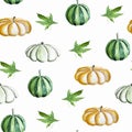 Green and orange pumpkins on the field watercolor seamless pattern