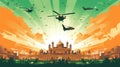 Green, orange Taj Mahal background, India Independence Day illustration. Generative ai