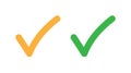 Green and orange ticks. Checkmark right icon, vector marker shape sign. Correct mark vote symbol