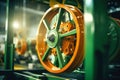 Photo of an industrial machine with a vibrant green and orange wheel. Modern metal processing at an industrial enterprise.