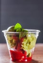 Green Organic Avocado Ice Cream and Strawberry Sorbet with red wine in a plastic cup with mint Royalty Free Stock Photo