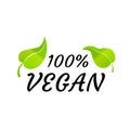 Green organic leaves, vegan sign isolated on white