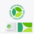 Green Organic Market logo. Three green leaves and letters on circle.