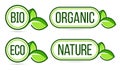 Green organic products labels. Organic, natural, bio, eco vector labels.