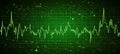Green Oscilloscope Waveform. Sound Wave Pattern on Geometric Background of Dots, Lines, and Shapes.