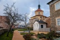 Green outer bailey park, rose and herb garden near Regional DvorakÃÂ´s Museum, baroque building of Ossuary, Kolin, Czech republic