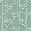 Green outline contoured seamless pattern with doodle monstera shapes print. Chequered background