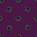 Green outline magnolia flowers shapes seamless doodle pattern. Purple background. Nature print