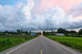 Green paddy field along the highway road under the evening sky in a rainy day. Royalty Free Stock Photo