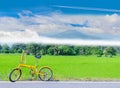 Green paddy rice field with the bicycle, the road, the beautiful sky and cloud, Thailand fuji mountain Royalty Free Stock Photo